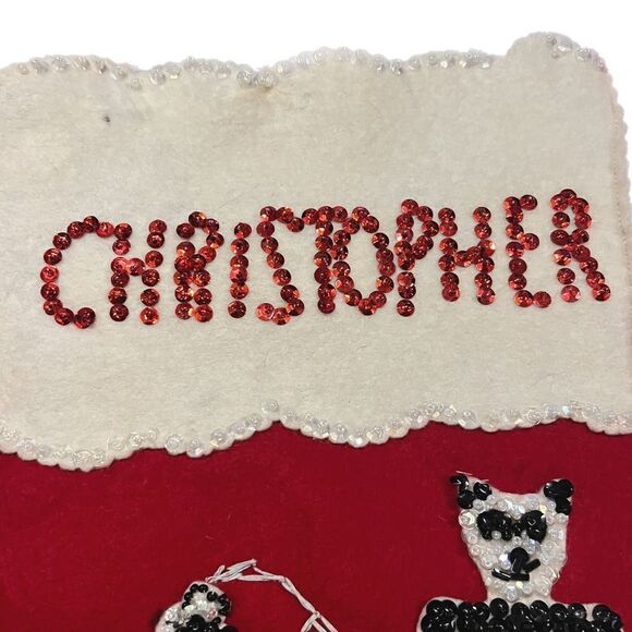 Vintage Christmas Stocking with the name Christopher Felt and Sequins. Handmade - Picture 2 of 8